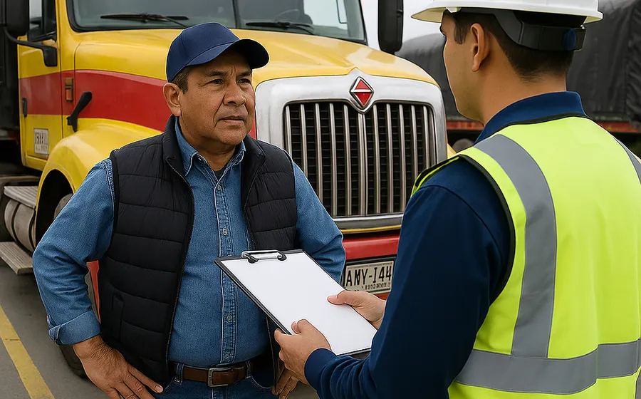 Inspector revisando la documentación de un conductor de carga pesada