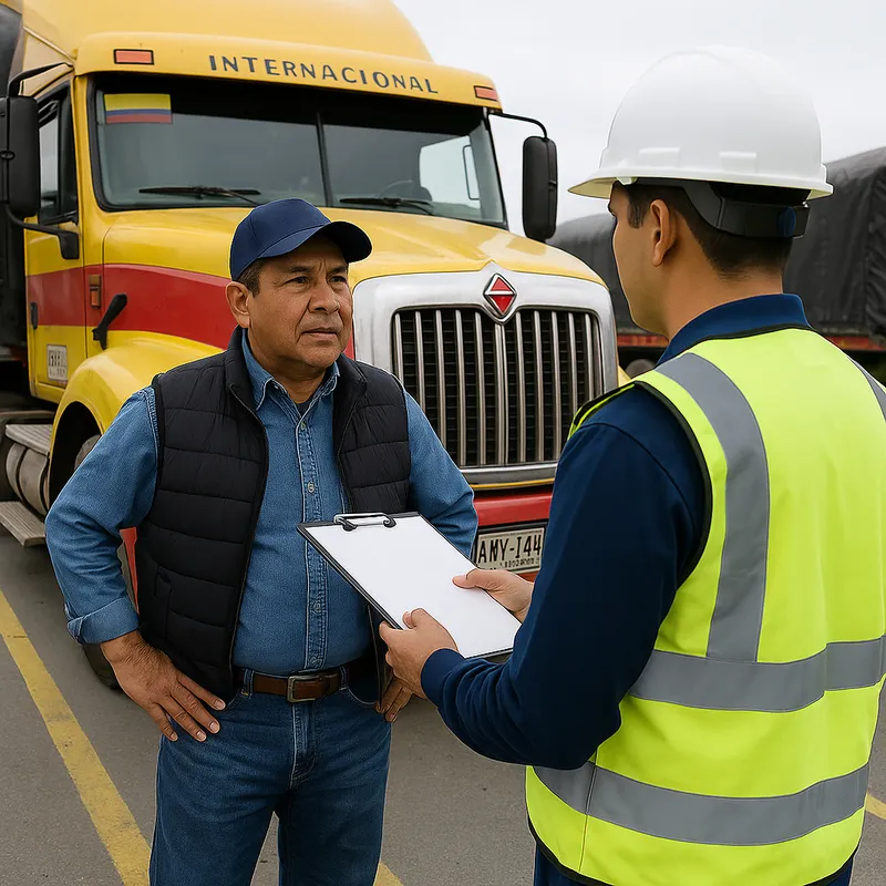 Inspector revisando documentación de un conductor de carga pesada en Villavicencio
